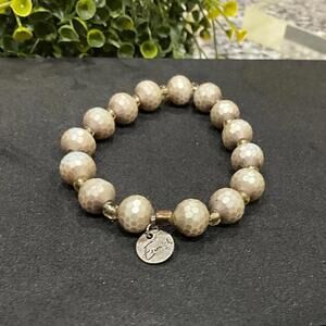 Erimish Beige Faceted Textured Beaded Stretch Bracelet